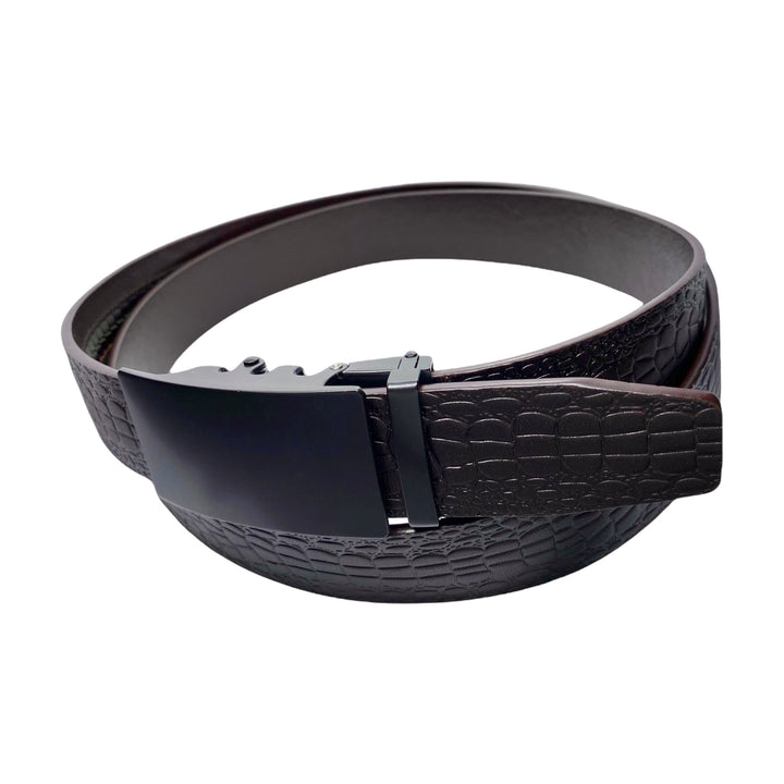 Dark Brown Textured Leather Belt With Ratchet Buckle 1.38" Side View | Hedonist Chicago