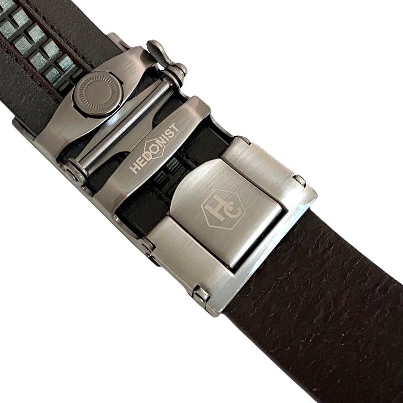 Gun Metal Rectangular belt buckle 1.38" , hardware close-up, for ratchet leather belts by Hedonist Chicago