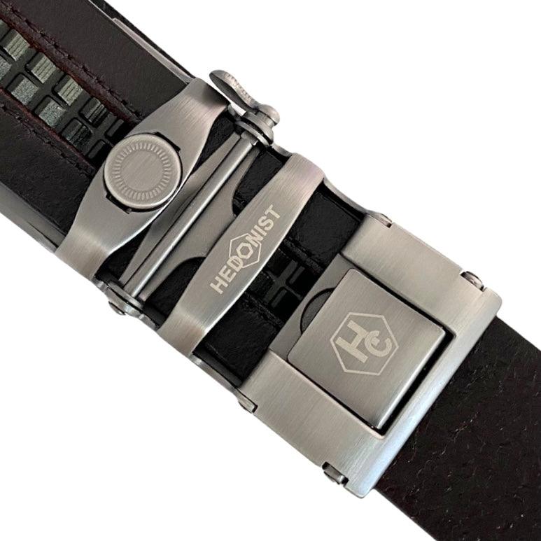 Gun Metal Long belt buckle 1.38" , hardware close-up, for ratchet leather belts by Hedonist Chicago