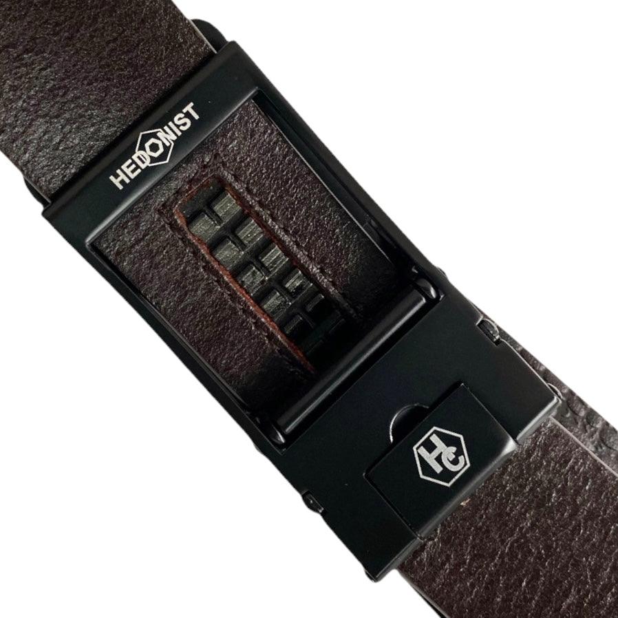 Black Automatic belt buckle 1.38" , hardware close-up, for ratchet leather belts by Hedonist Chicago