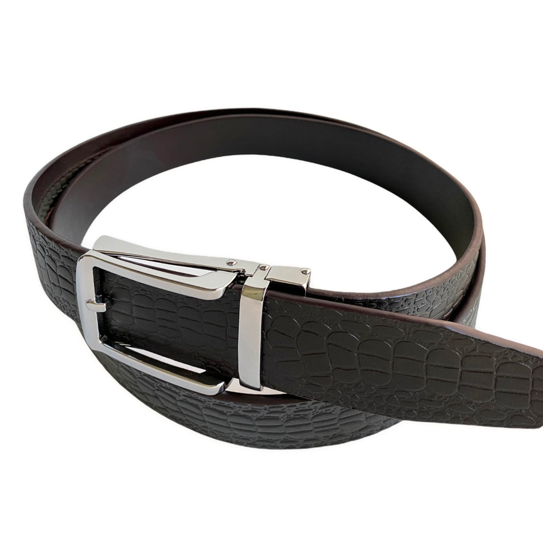 Dark Brown Textured Leather Belt  Silver Buckle Side View | Hedonist Chicago