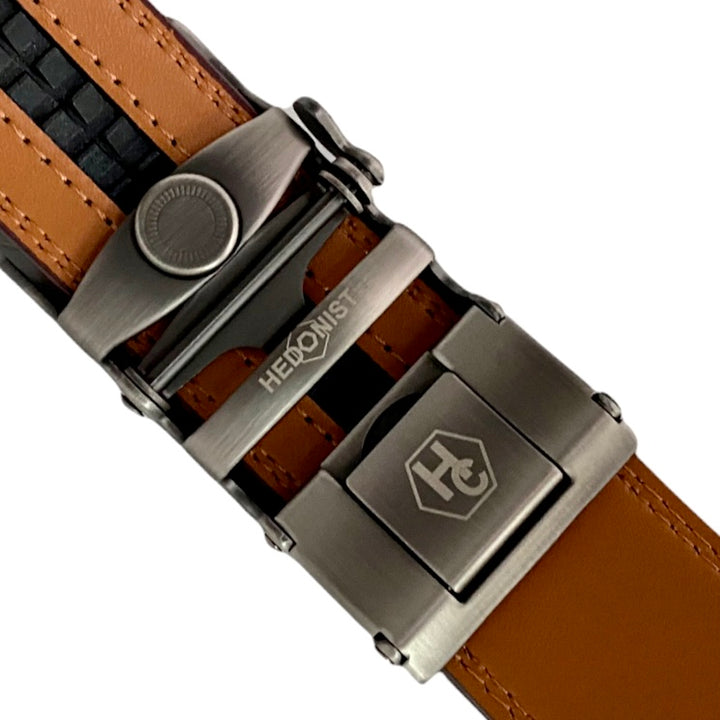 Red Brown Leather Strap And Ratchet Gun Metal Buckle 1.38" Back View | Hedonist Chicago