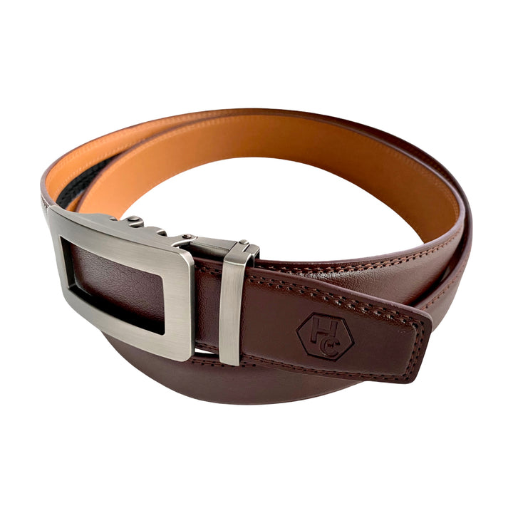 Red Brown Leather Strap And Ratchet Gun Metal Buckle 1.38" Side View | Hedonist Chicago