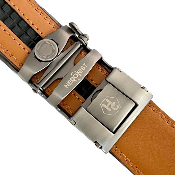 Red Brown Leather Strap And Ratchet Gun Metal Buckle 1.38" Back View | Hedonist Chicago