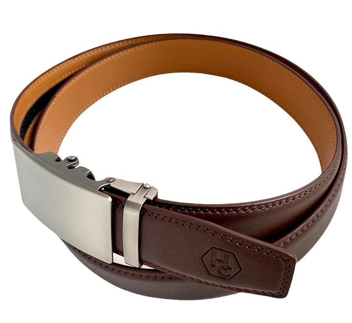 Red Brown Leather Strap And Ratchet Gun Metal Buckle 1.38" Side View | Hedonist Chicago