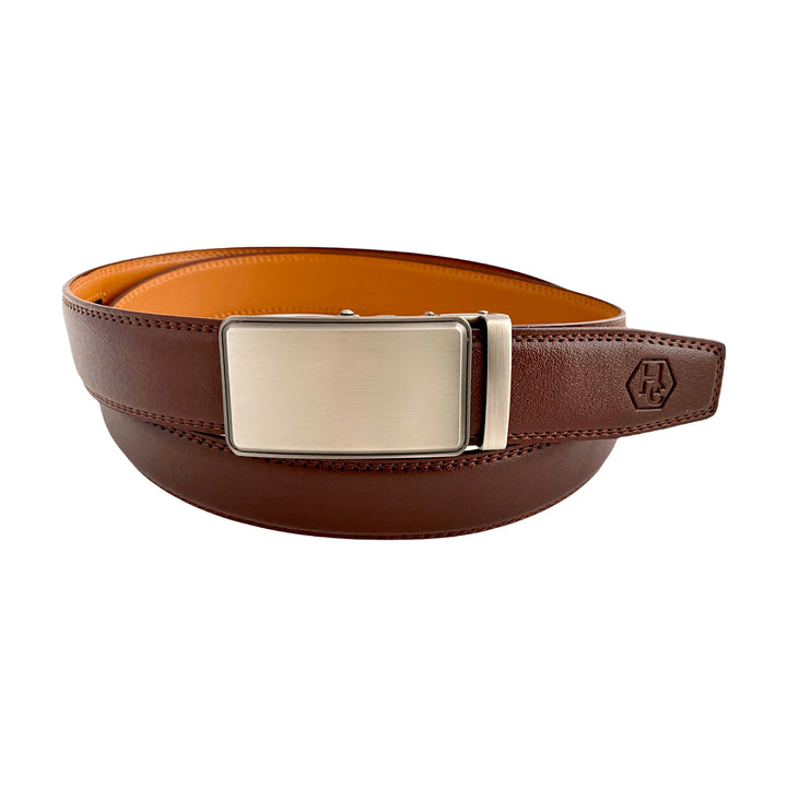 Red Brown Genuine Leather Strap And Ratchet Silver Buckle 1.38" | Hedonist Chicago