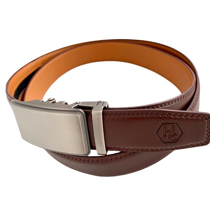 Red Brown Genuine Leather Strap And Ratchet Silver Buckle 1.38" Side View | Hedonist Chicago