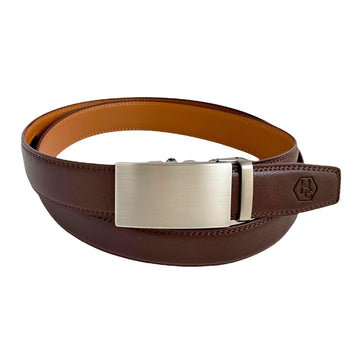 Red Brown Leather Strap And Ratchet Rectangle Gun Metal Buckle 1.38"