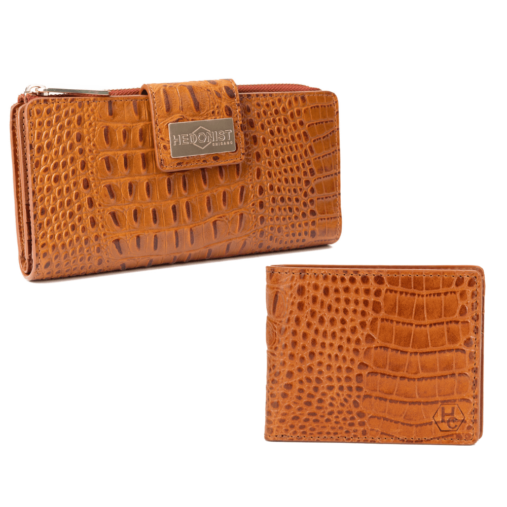 Classic bifold and traveler wallet croco cognac tan leather set view 2 - Hedonist Chicago
