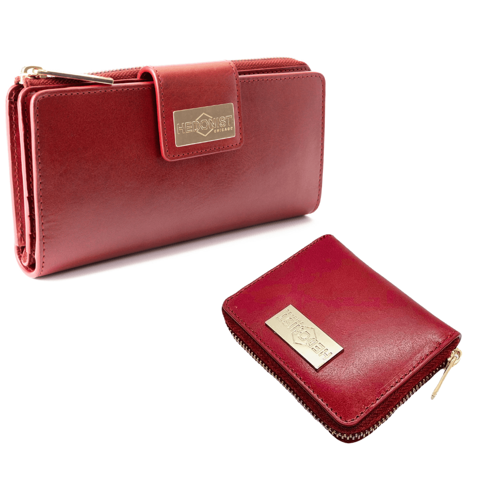 Compact zip wallet and traveler wallet red leather gift set view 2 - Hedonist Chicago