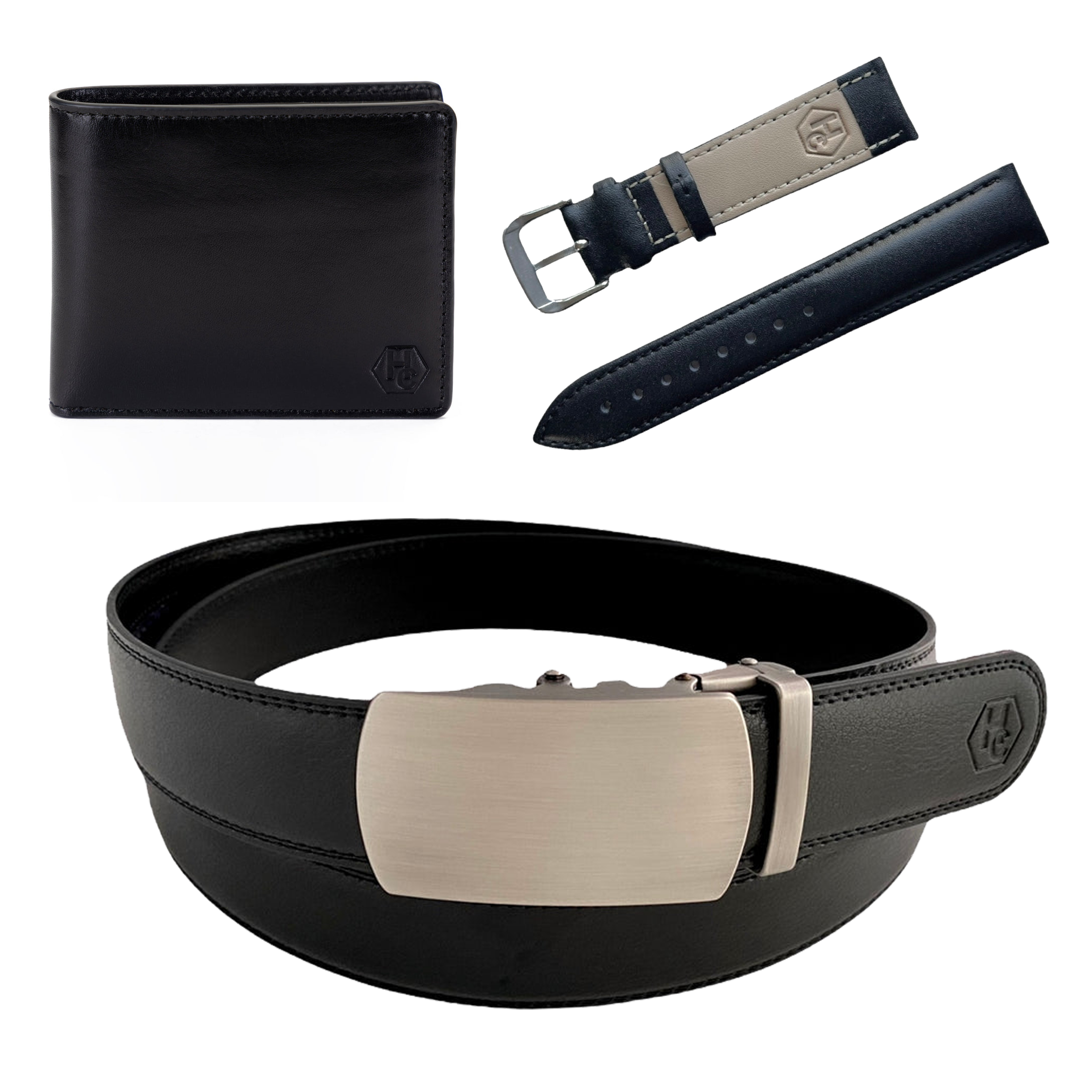 HC Classic Bifold + Genuine Leather Belt + Watch Band Black Set 28828821127319