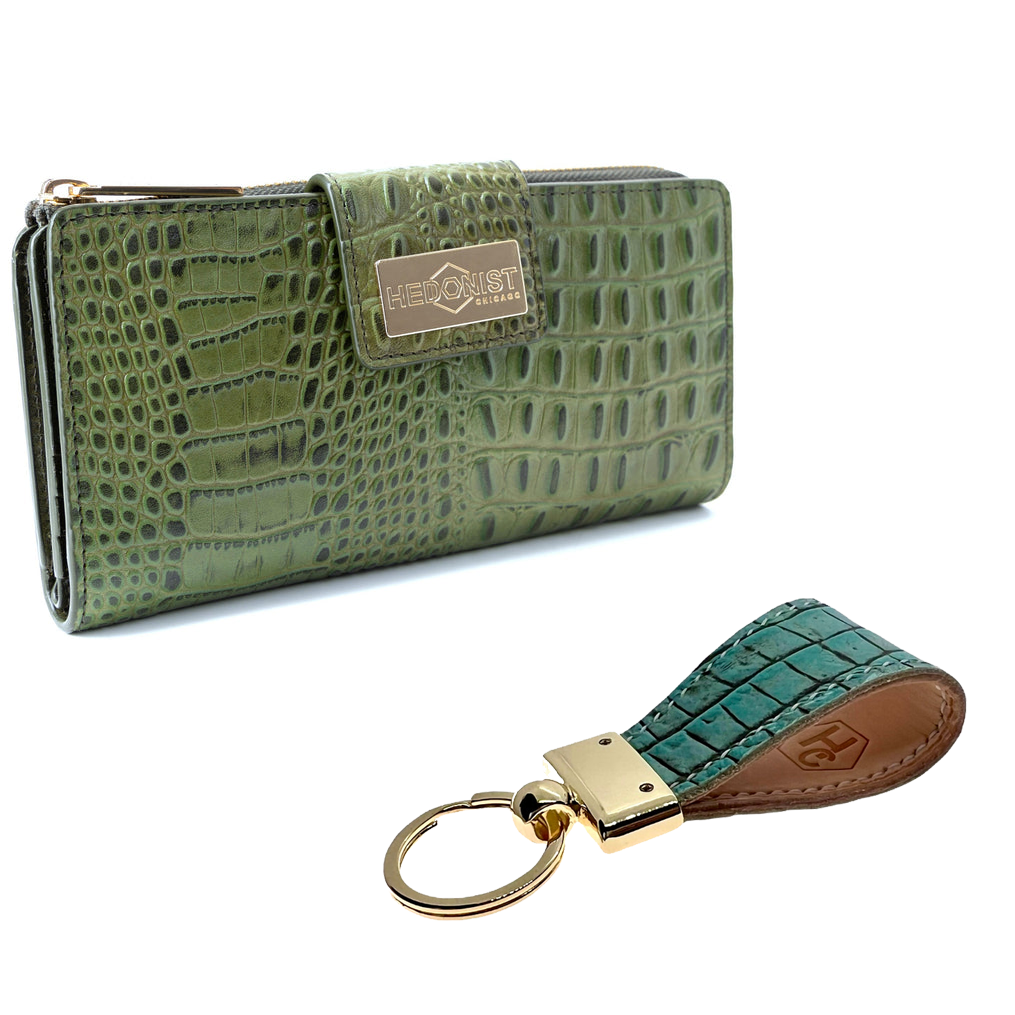 Leather Key Chain Light Green + Traveler Wallet Croco Green Set 28829208608919