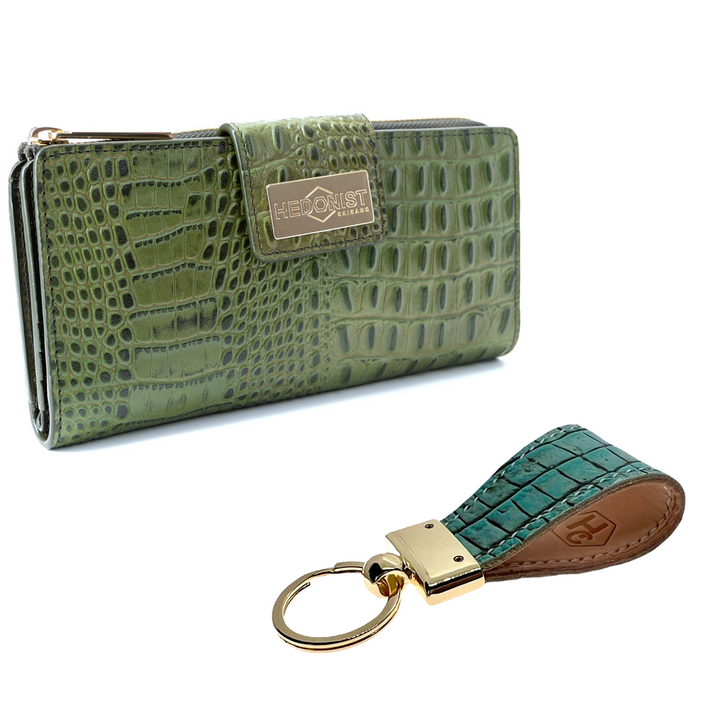 Leather Key Chain Light Green + Traveler Wallet Croco Green Set