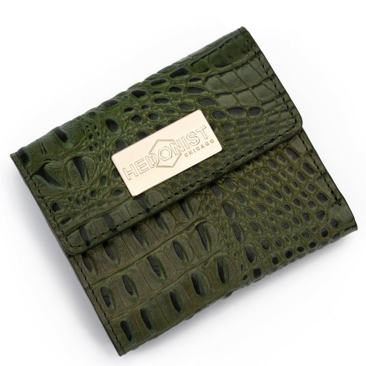 Trifold Mini Wallet  Croc Embossed Green / Cognac Inside