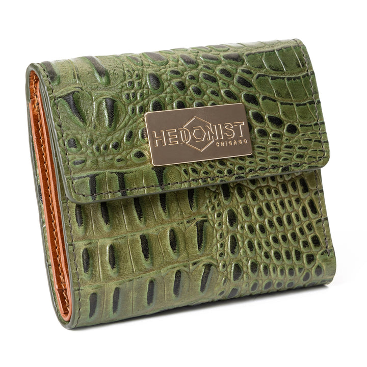 Trifold Mini Wallet  Croc Embossed Green / Cognac Inside