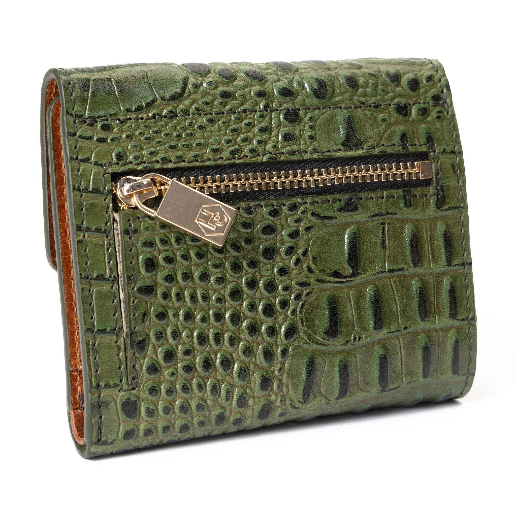 Trifold Mini Wallet  Croc Embossed Green / Cognac Inside