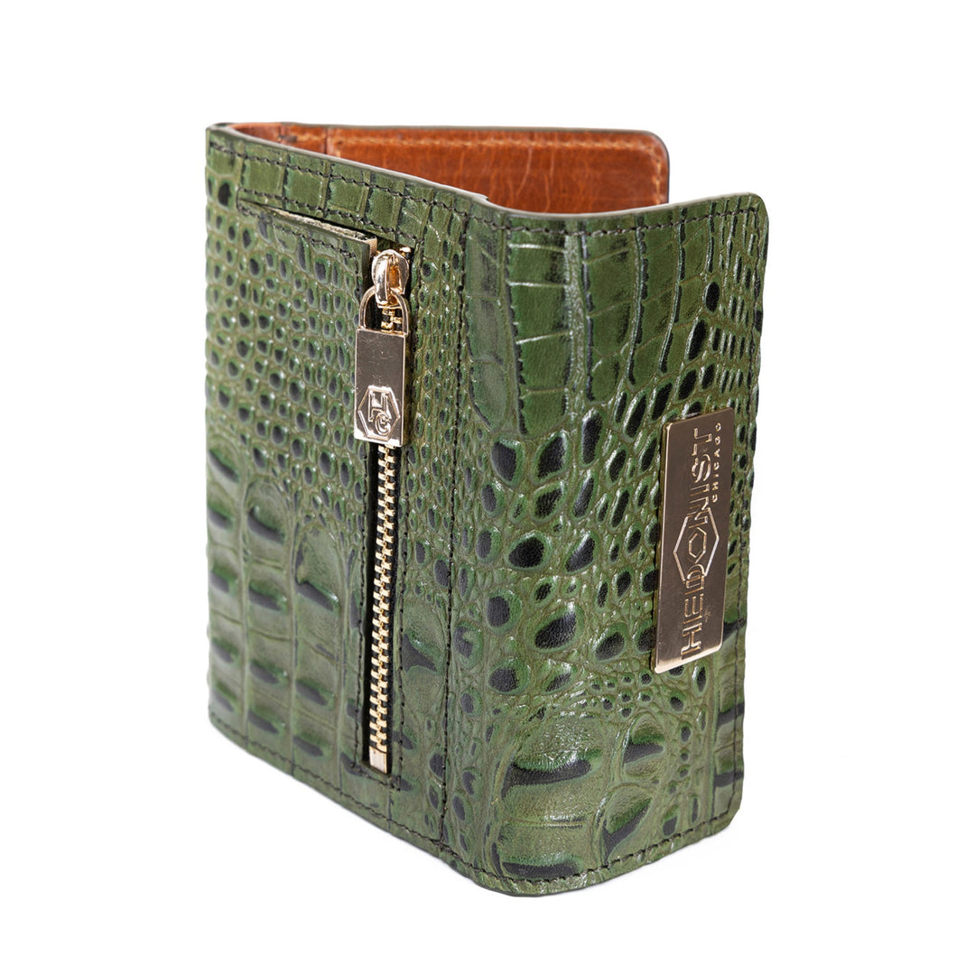 Trifold Mini Wallet  Croc Embossed Green / Cognac Inside