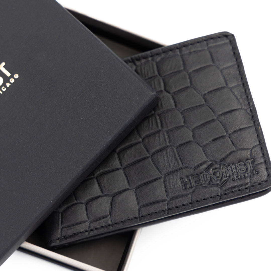 Ultra Slim Bifold Wallet Black Croc Embossed