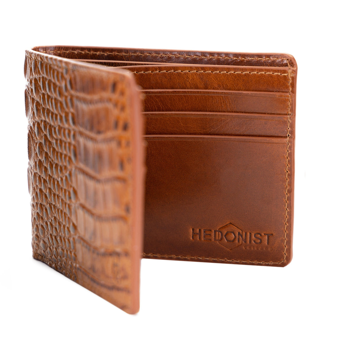 Bifold  Brown Leather Wallet for Men Croc Embossed