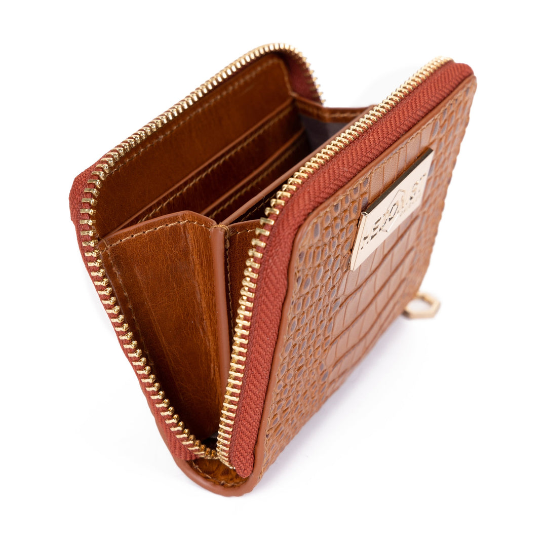 Compact Zip Wallet Croc Embossed Cognac