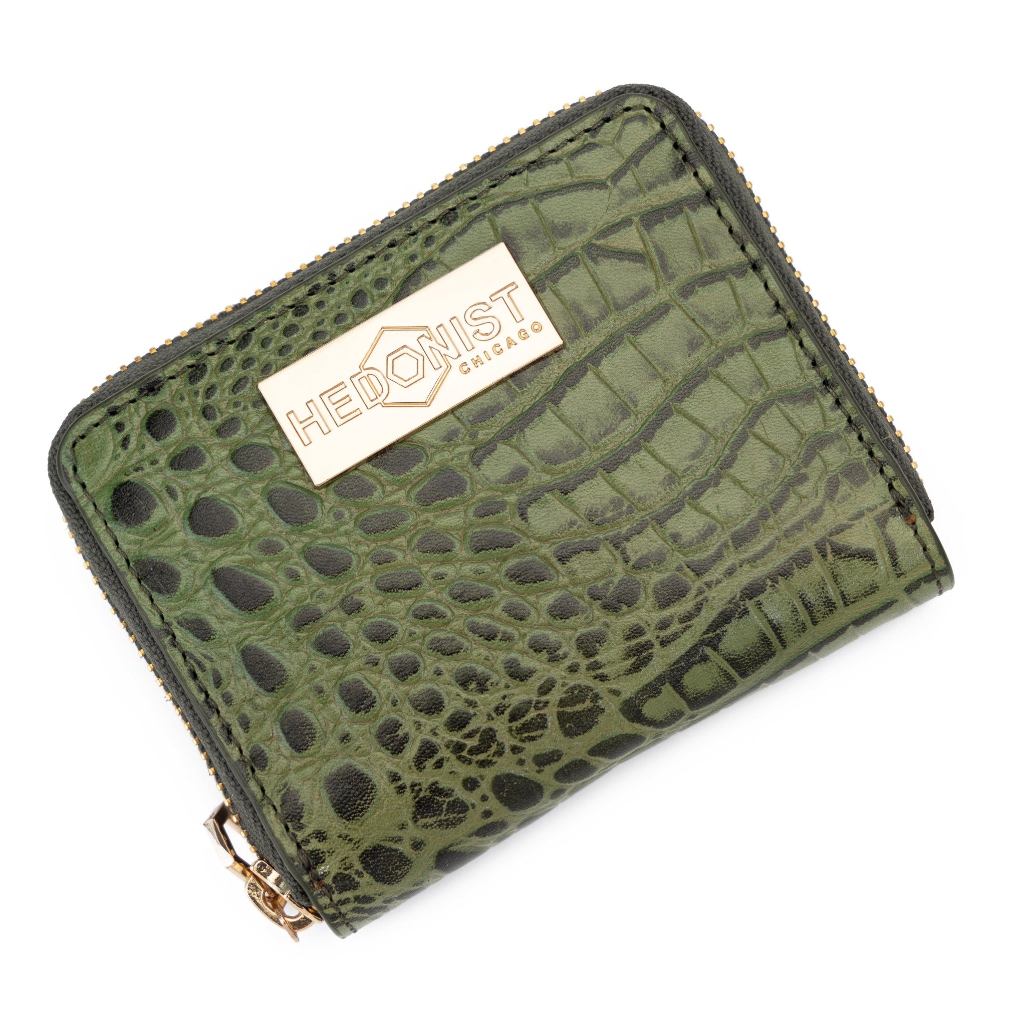 Compact Zip Wallet Croc Embossed Green / Cognac Inside 28839087440023
