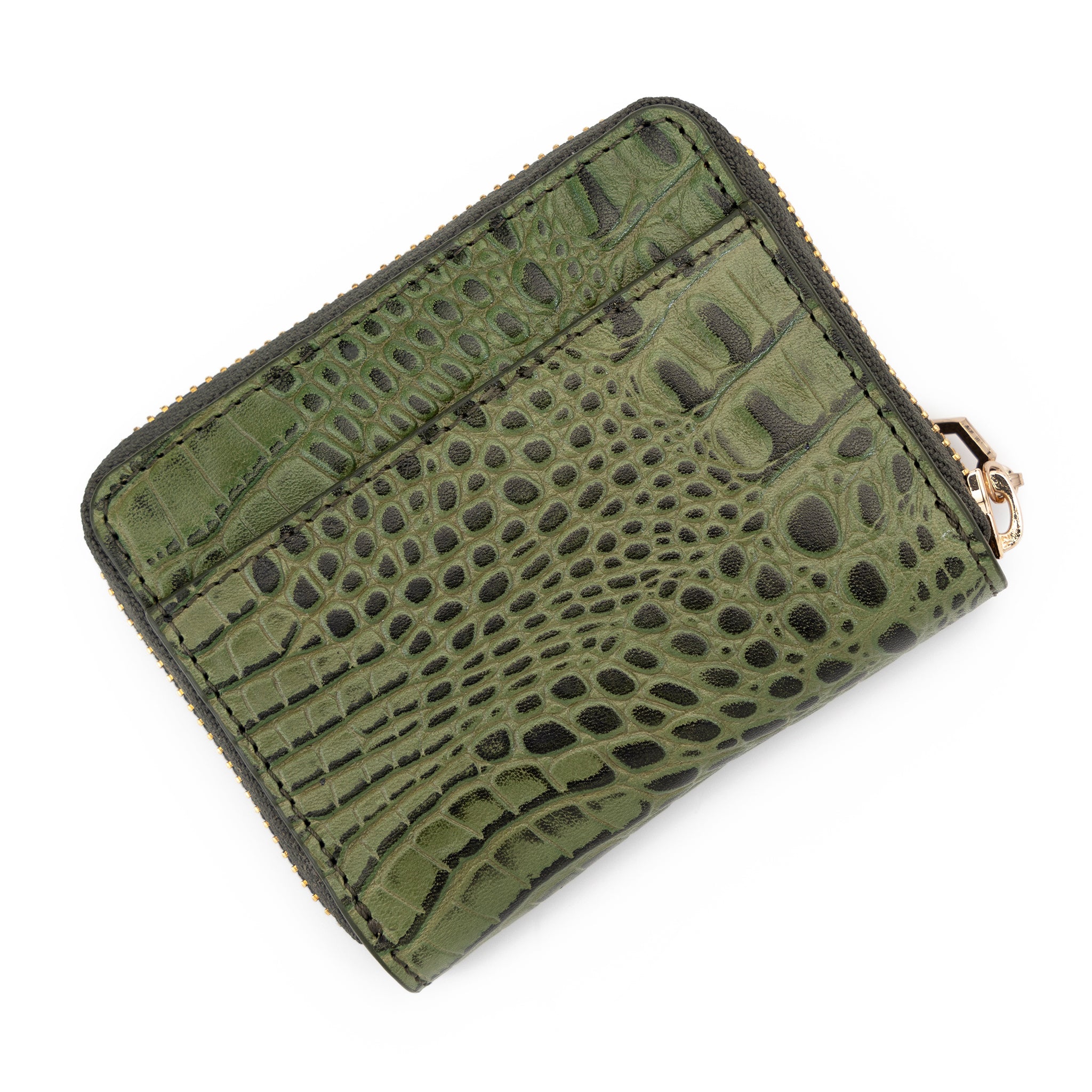 Compact Zip Wallet Croc Embossed Green / Cognac Inside 28839087472791