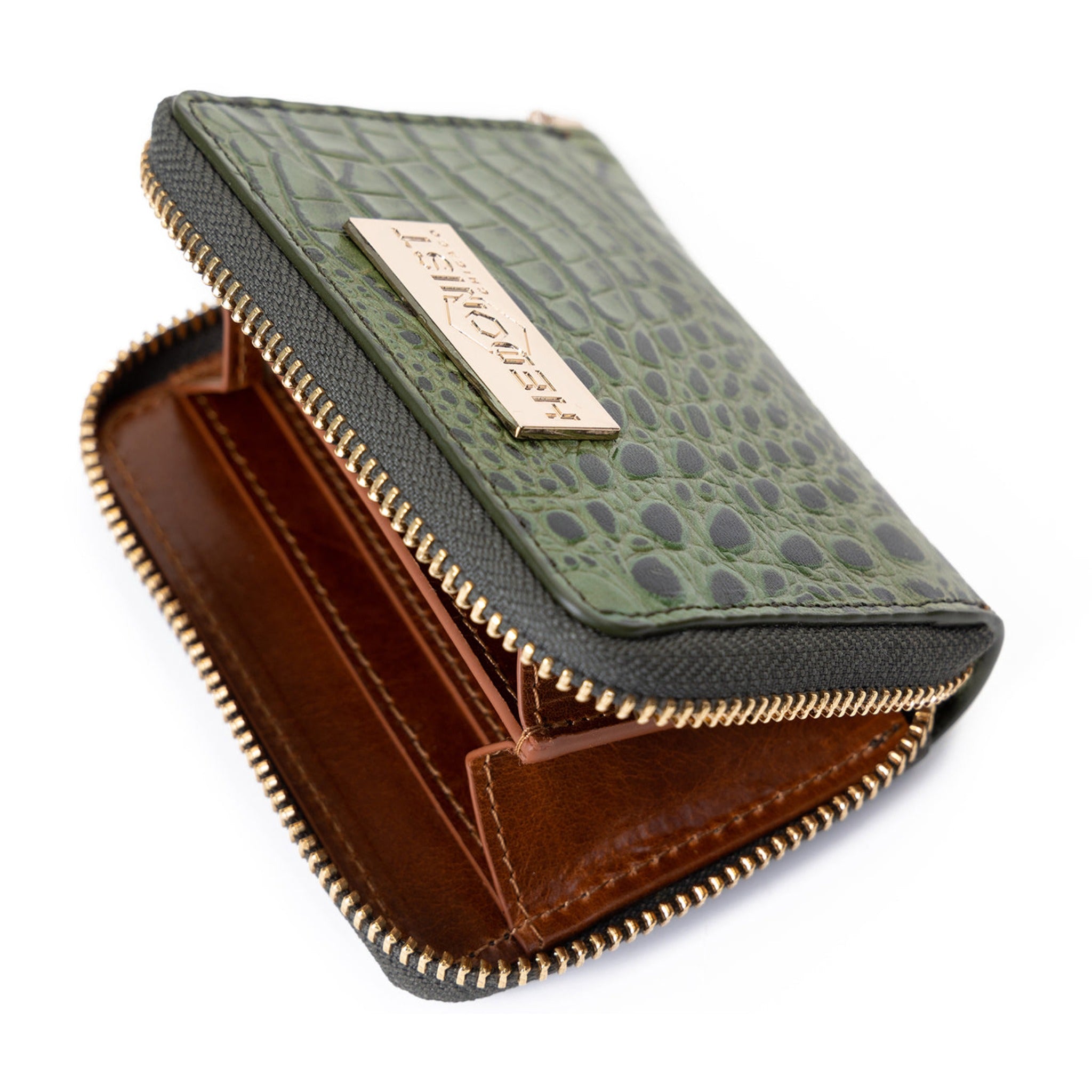 Compact Zip Wallet Croc Embossed Green / Cognac Inside 28839087571095