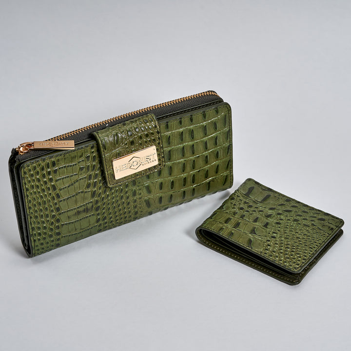 Classic Bifold Wallet and Traveler Wallet Croco Green Set