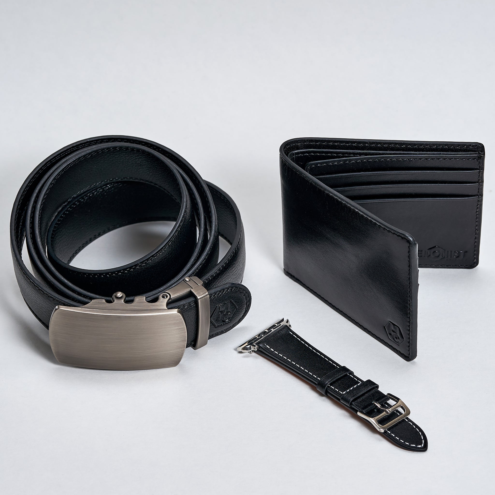 HC Classic Bifold + Genuine Leather Belt + Watch Band Black Set 29444042981527