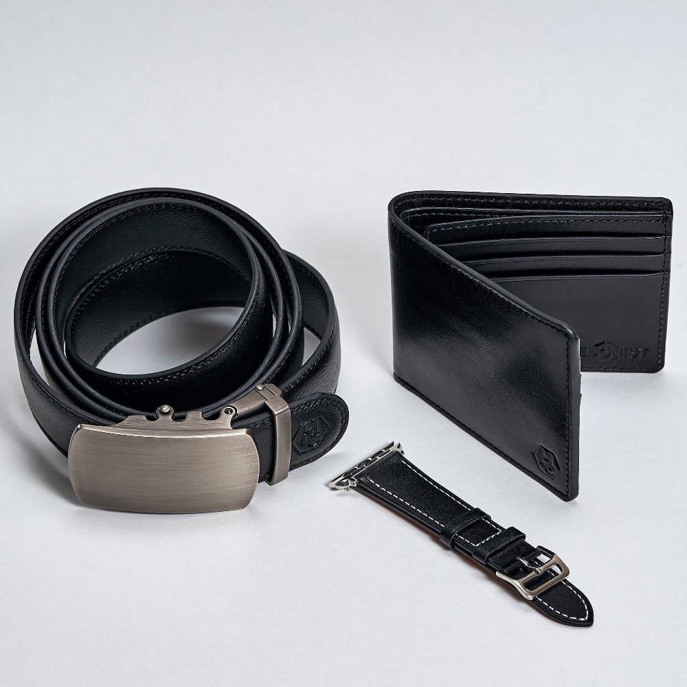 Classic bifold wallet leather belt and watch band black gift set - Hedonist Chicago