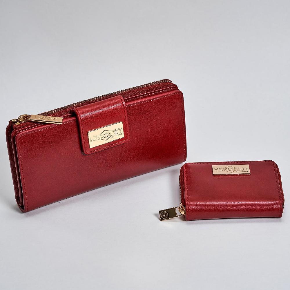 Compact zip wallet and traveler wallet red leather gift set - Hedonist Chicago