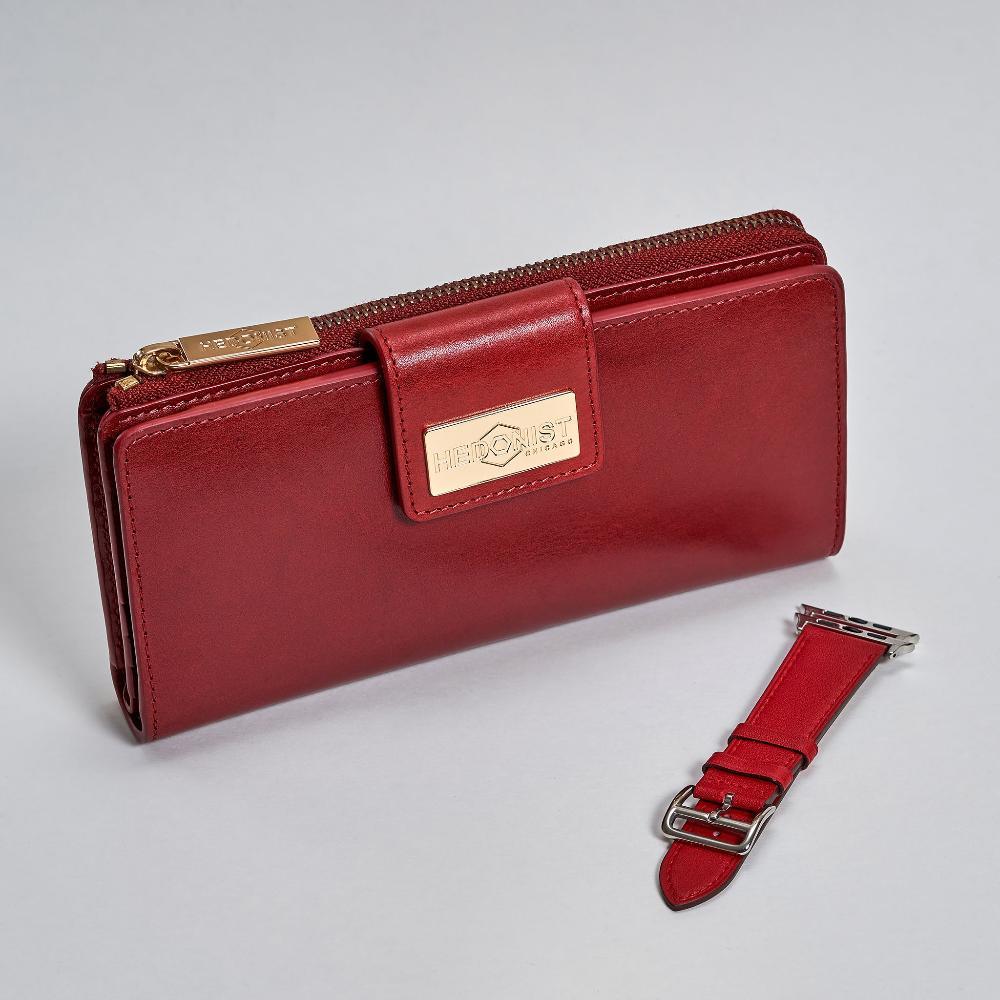 Red leather traveler wallet and Apple watch band gift set - Hedonist Chicago