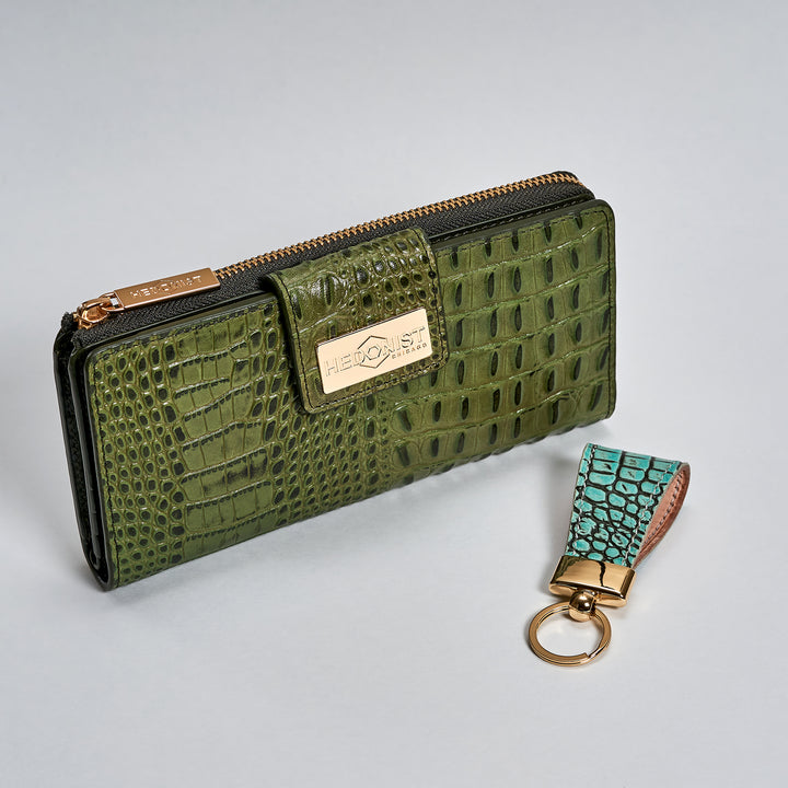 Leather Key Chain Light Green + Traveler Wallet Croco Green Set