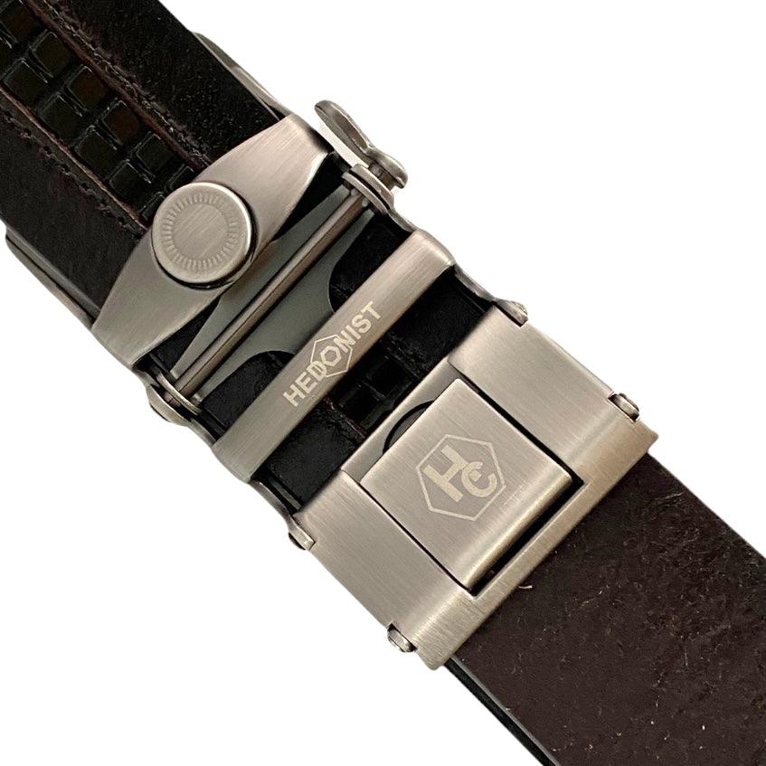 Gun Metal Automatic belt buckle 1.38" , hardware close-up, for ratchet leather belts by Hedonist Chicago