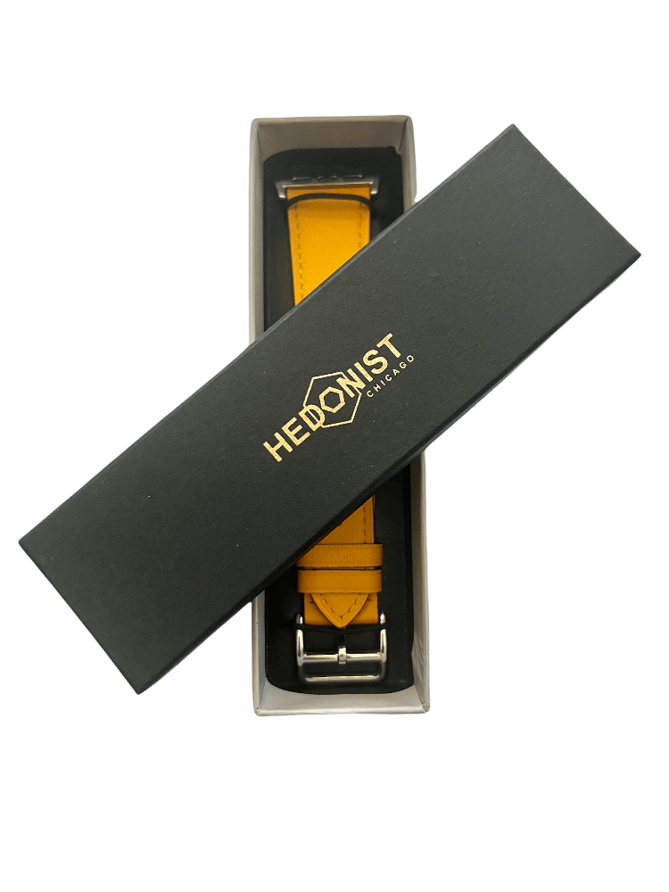 Yellow Apple Watch band packaged in Hedonist Chicago gift box