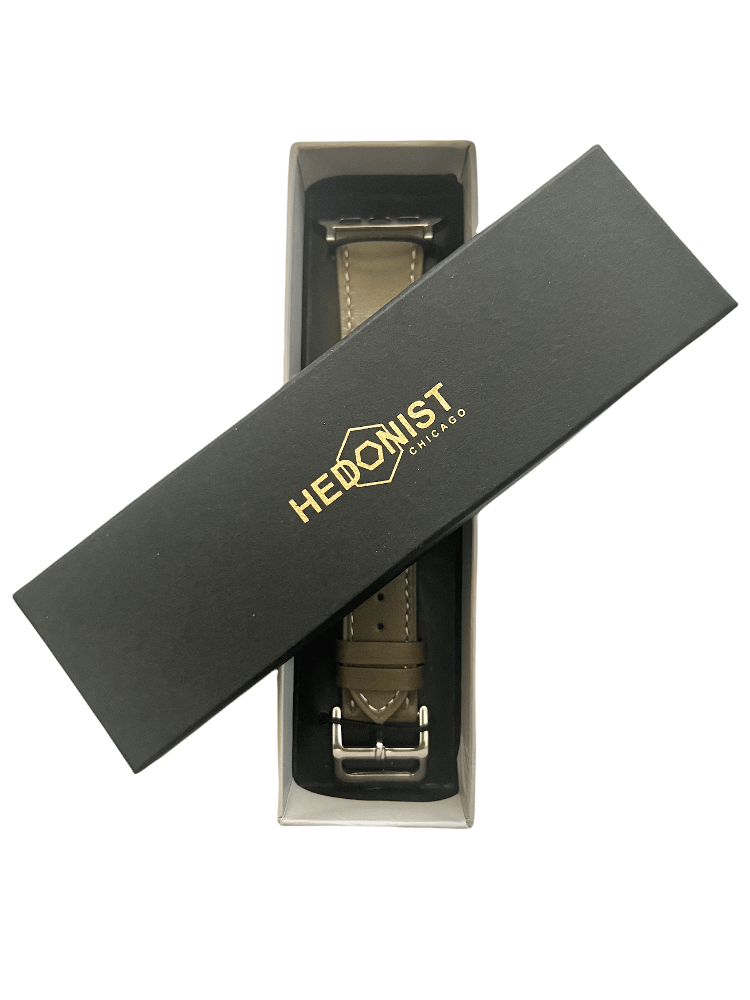 Grey Apple Watch band packaged in Hedonist Chicago gift box
