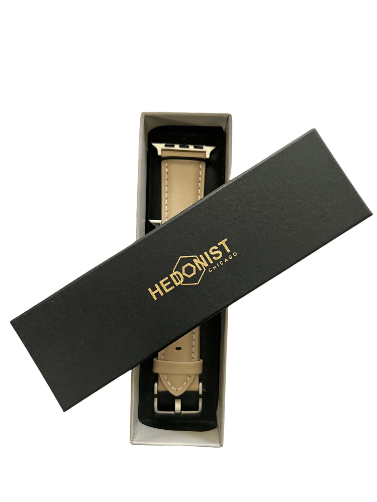 Pink gray Apple Watch band packaged in Hedonist Chicago gift box