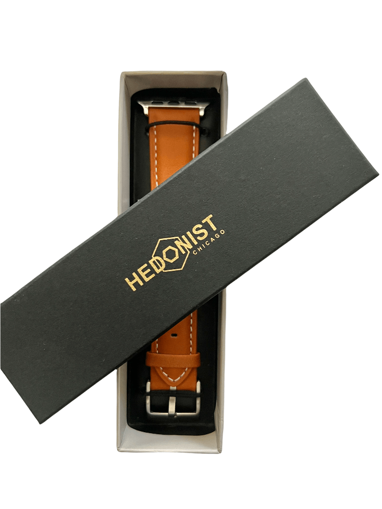 Tan Apple Watch band presented in Hedonist Chicago gift box