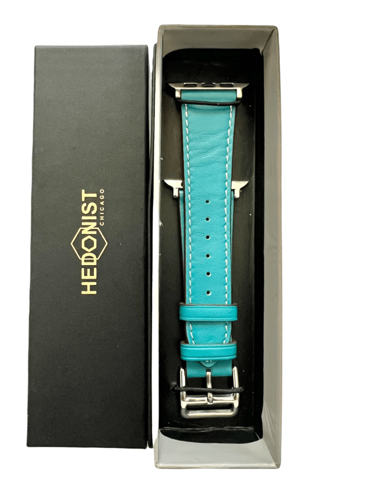 Turquoise Apple Watch band packaged in Hedonist Chicago gift box