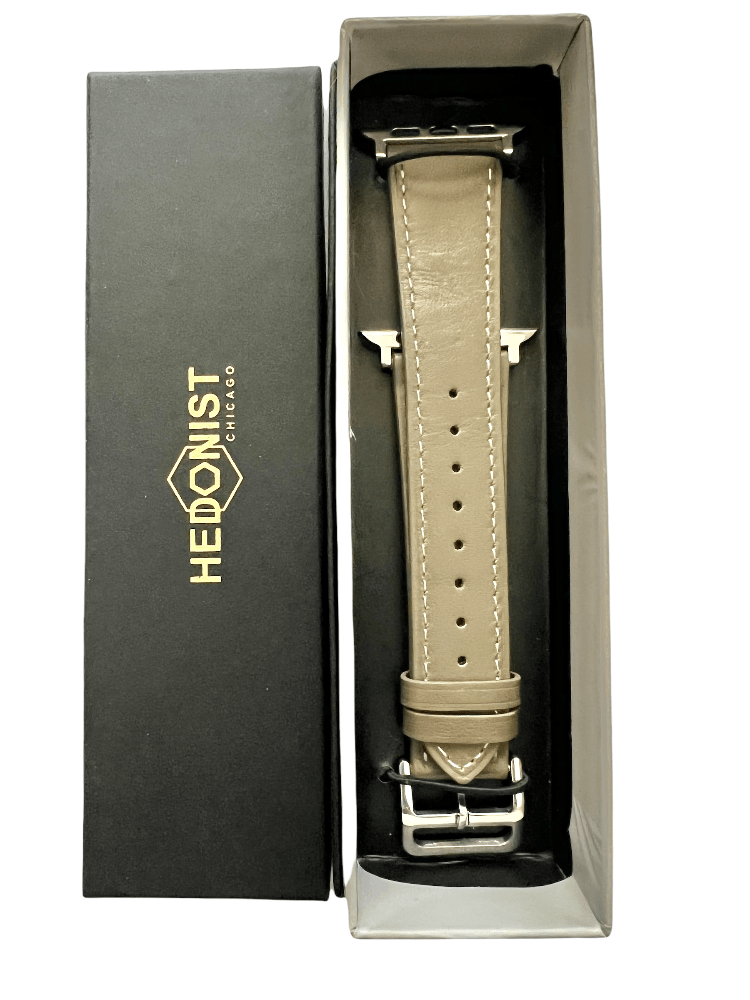 Grey Apple Watch band presented in Hedonist Chicago gift box