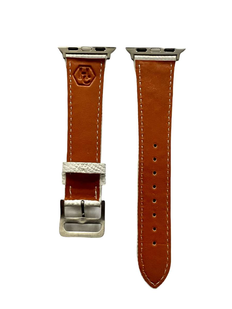 Side view of White leather Apple Watch band with stainless steel lugs | Hedonist Chicago