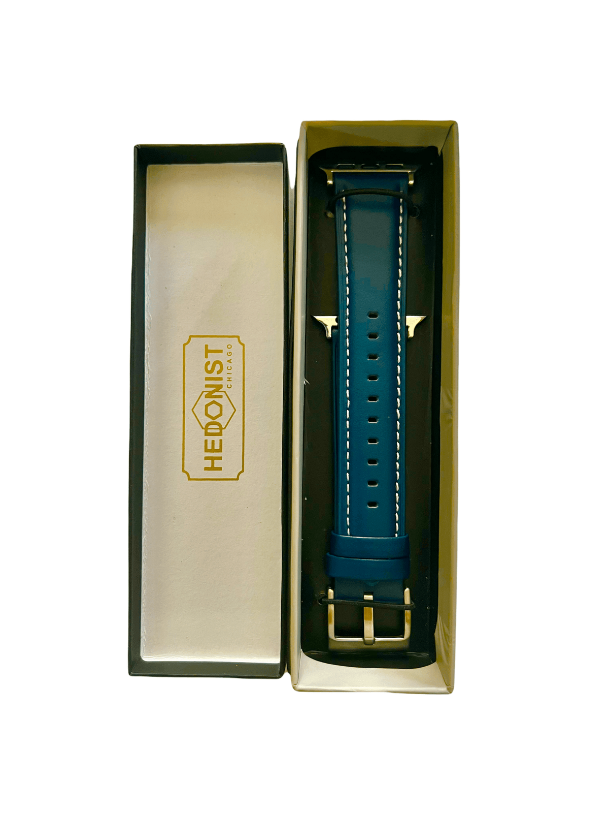 Blue Apple Watch band packaged in Hedonist Chicago gift box