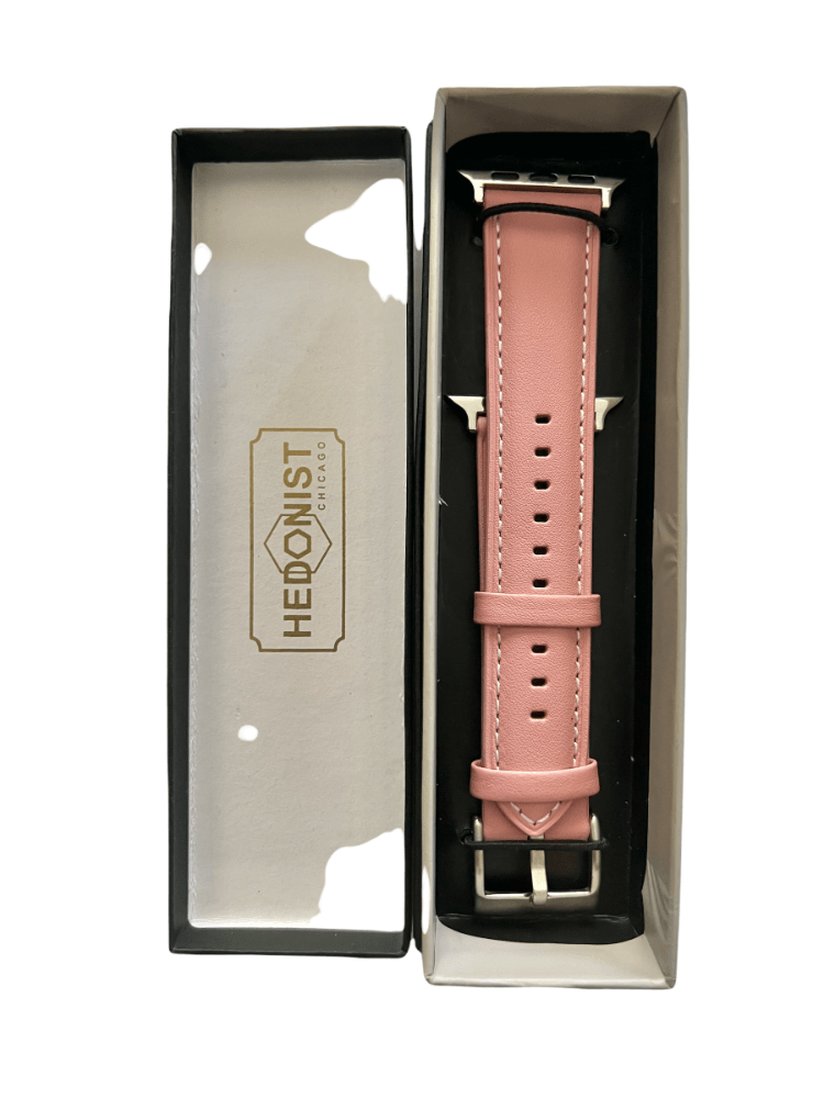Pink Apple Watch band packaged in Hedonist Chicago gift box