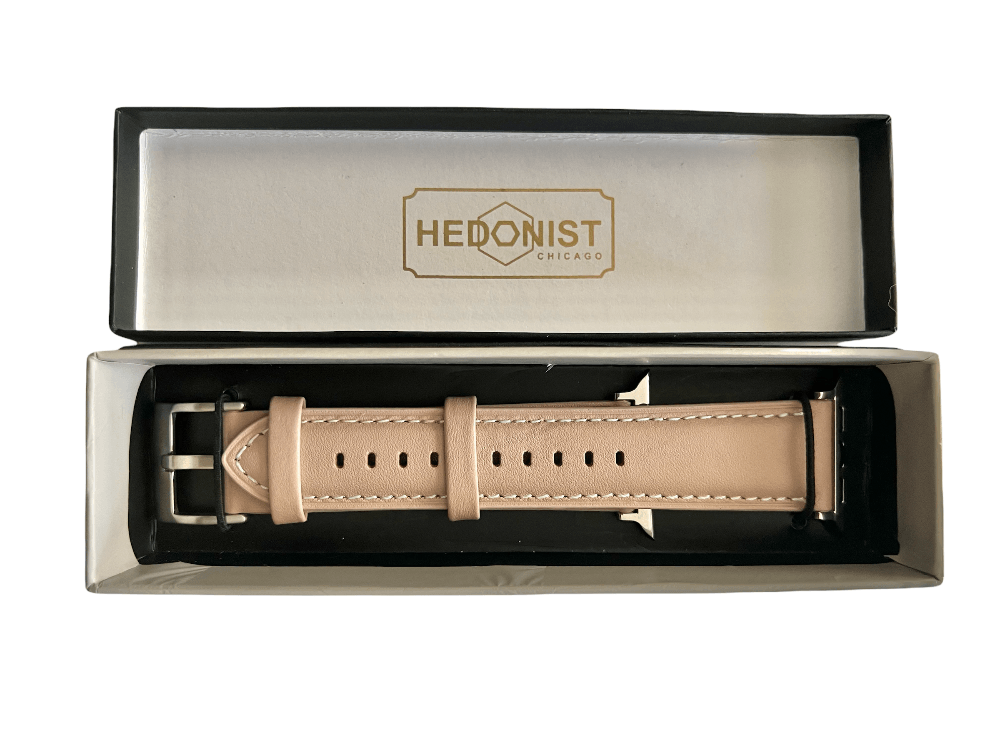 Pink beige Apple Watch band packaged in Hedonist Chicago gift box