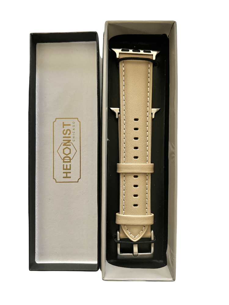 Pink gray Apple Watch band presented in Hedonist Chicago gift box