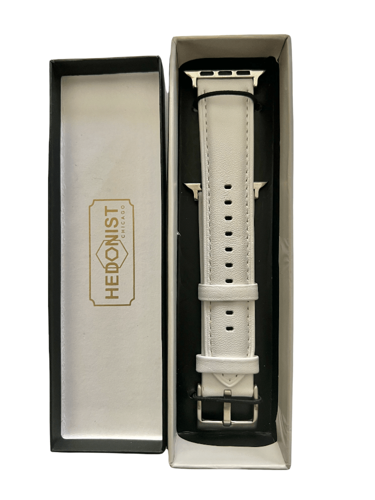 White Apple Watch band packaged in Hedonist Chicago gift box