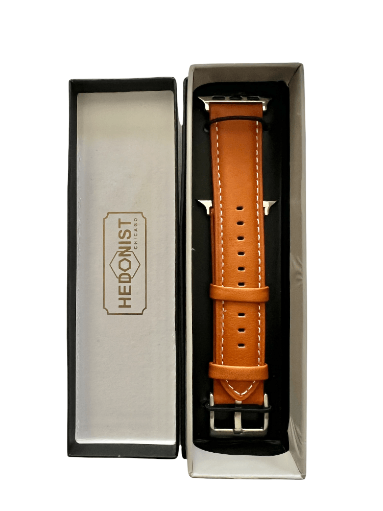 Tan Apple Watch band packaged in Hedonist Chicago gift box
