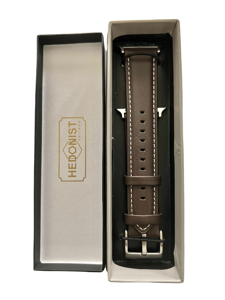 Dark brown Apple Watch band presented in Hedonist Chicago gift box
