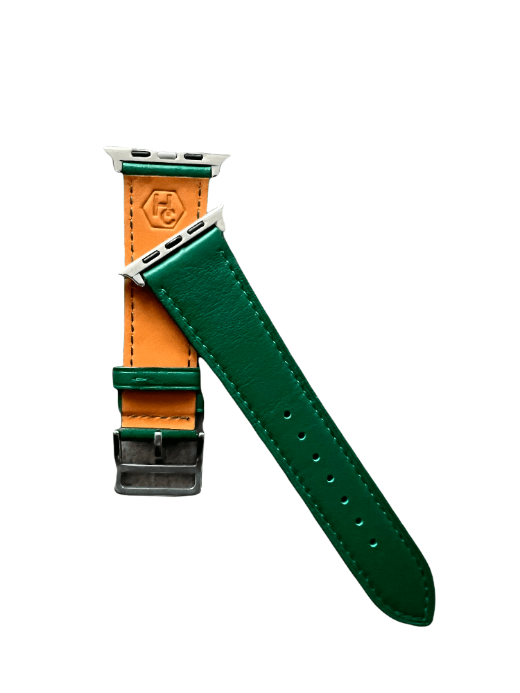 Side view of Green leather Apple Watch band with stainless steel lugs | Hedonist Chicago