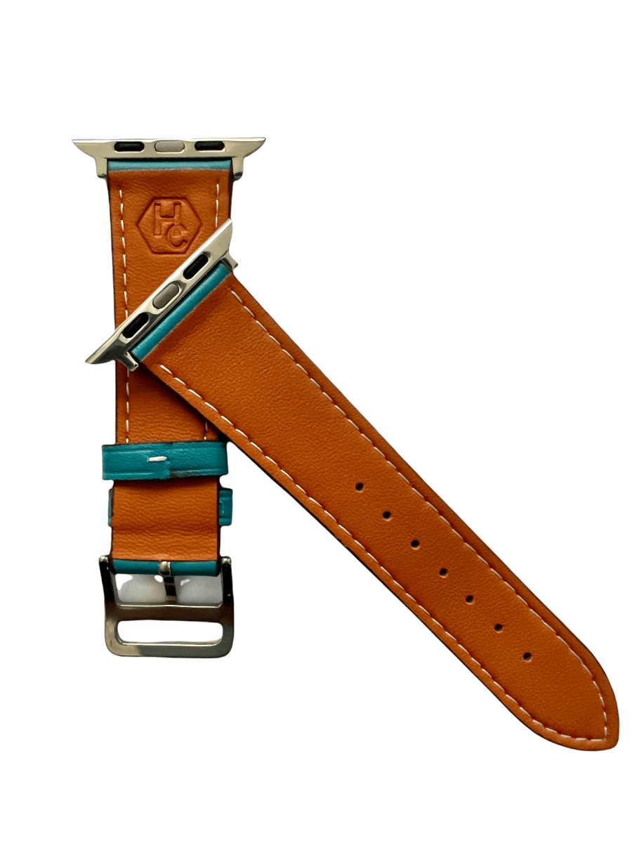 Turquoise leather Apple Watch strap showing connector and stitching | Hedonist Chicago